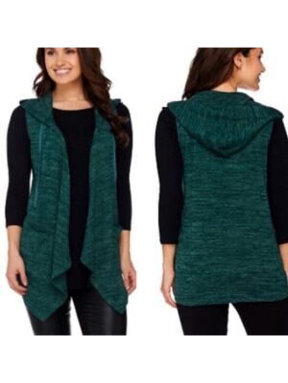 Logo by Lori Goldstein EUC Heathered Green Open Hooded Waterfall Vest Size L